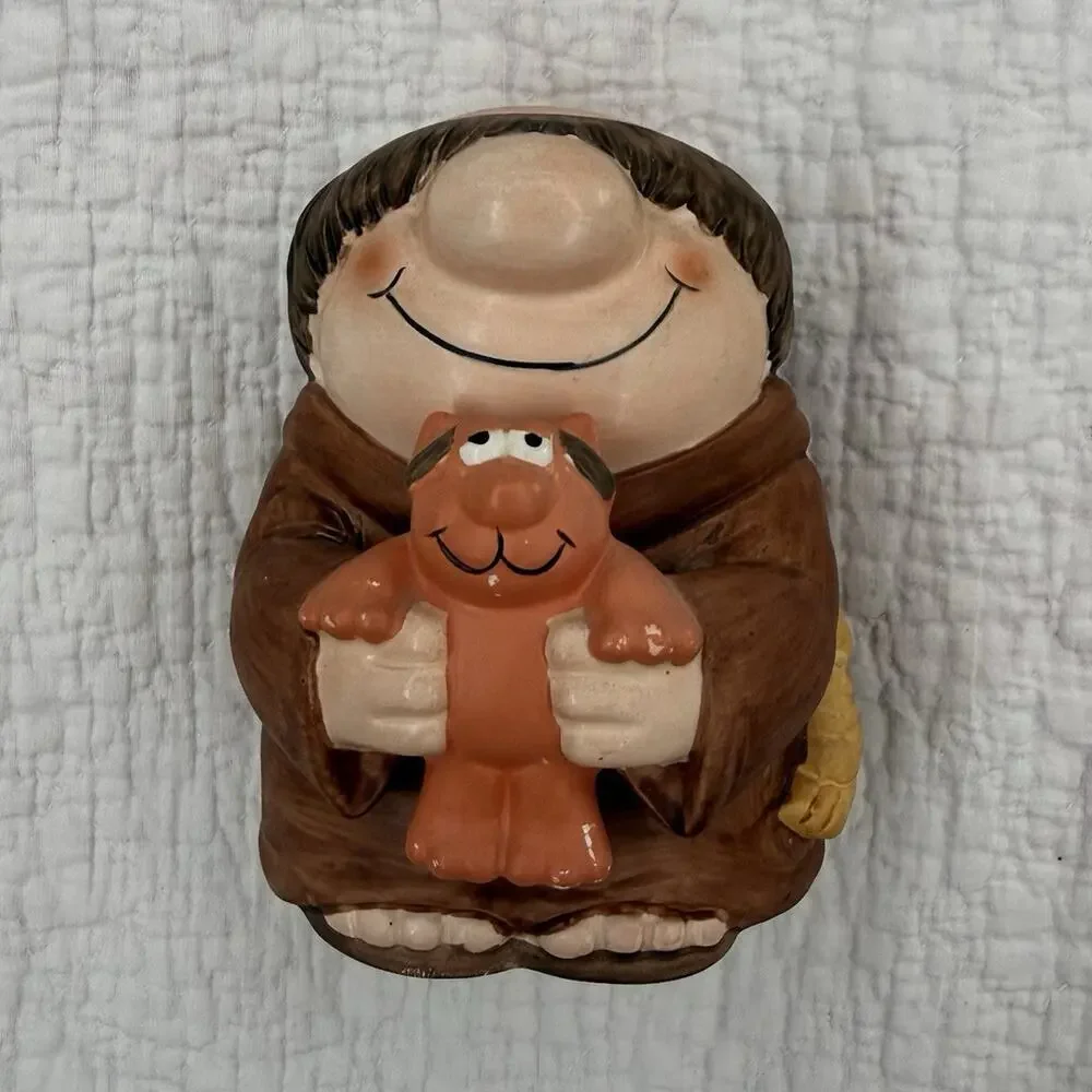 Wind-Up Ziggy Cartoon Figurine Smiling Padre Holding Dog Ceramic/Wood Brown